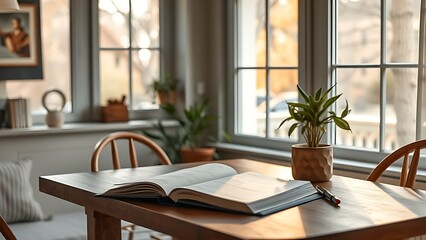 Peaceful home scene with open planner on table, bathed in soft daylight and warm domestic ambiance.