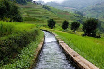Scenic landscape of lush green terraced rice fields with a flowing water canal on a hillside in Vietnam