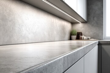 Modern kitchen interior design featuring a textured concrete countertop and wall, illuminated by subtle under-cabinet lighting, with a blurry background.