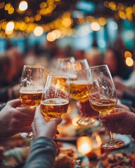 People clinking glasses of white wine with bokeh lights on background