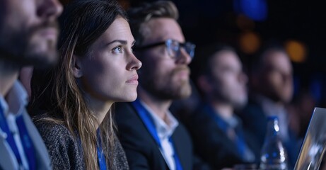 Close-up of a young woman in a business conference, focused and engaged in the presentation, surrounded by other attendees.