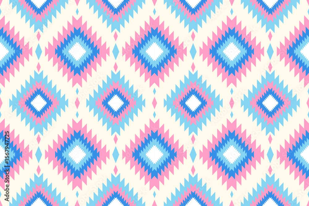 Poster Geometric diamond pattern with pink blue and white zig zag elements geometric ethnic pattern