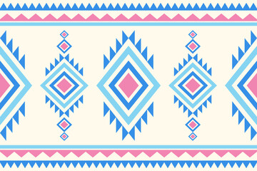 Geometric tribal pattern with diamonds and triangles in blue pink and light blue