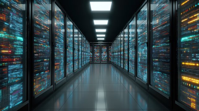 Data center server room illuminated racks and data streams