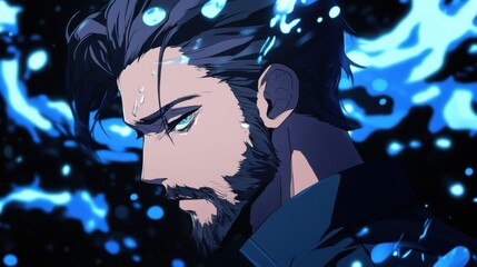 Intense profile of a man with fiery blue aura.