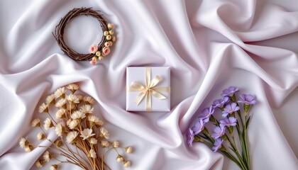 the image displays a gift arrangement on a silky background. at the center, a wrapped square present is tied with a light colored ribbon