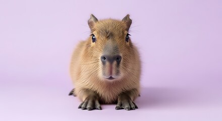 Close-up of a capybara resting on a lavender background.