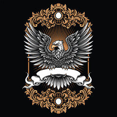 eagle holding flag banner with vintage ornament background