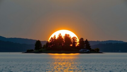 the image captures a picturesque scene with a tranquil body of water in the foreground. rising or setting behind a small island is a large luminous orb