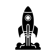 Fototapeta premium Simple black vector icon illustration of a rocket launching into space, complete with engine smoke. 