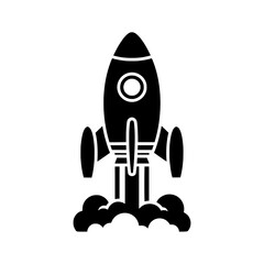 Simple black vector icon illustration of a rocket launching into space, complete with engine smoke. 