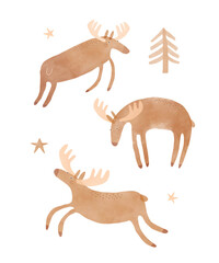 Funny Vector Illustration Of Cute Moos. Hand Drawn Print with Cartoon of Moose on a White Background. Woodland Animal Jumping And Running In THe Forest. Infantile Drawing-like Funny Bucks. 