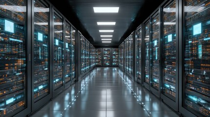 Modern data center server room corridor network technology and data storage