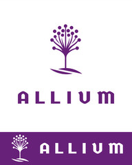 Obraz premium Elegant allium flower logo design in purple with stylized circular buds and curved stems