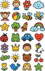 Obraz premium Colorful children cartoon icon collection. Simple kid art bundle includes child character, animal and nature