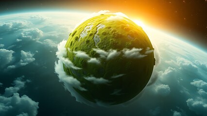 Lush green planet with vibrant ecosystem and glowing atmosphere, floating in cosmic space with subtle star glow.