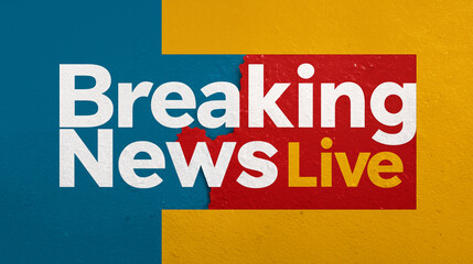 Fototapeta premium Live breaking news banner with bold yellow text on a rectangle with a red yellow and blue surface, isolated on a clean white background.