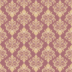 Fototapeta premium Damask seamless pattern with brown floral pattern and red background, vintage design, vector illustration elegant for textile, wall paper, bedding, rug. curtains, upholstery fabric, cushion cover