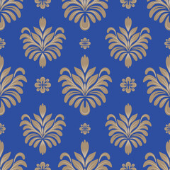 Fototapeta premium Damask seamless pattern with brown flowers and blue background, vintage style, vector illustration elegant for textile, wall paper, curtains, cushion cover, rug, bedding, upholstery fabric, scarf