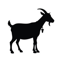 Black silhouette of a goat wearing a bell isolated on white background