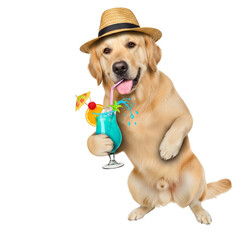 Adorable golden retriever is ready for vacation wearing a straw hat and enjoying a refreshing tropical cocktail with a black background and transparent elements.
