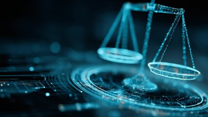 Digital scales of justice.  Abstract, glowing, turquoise-toned image of digital scales of justice with intricate network of lines and circles, suggesting technology and balance