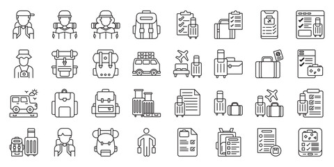 Backpacking Travel Essentials set of web icons in line style. backpacking, travel essentials, backpacking gear, packing list and backpacking checklist. Vector illustration