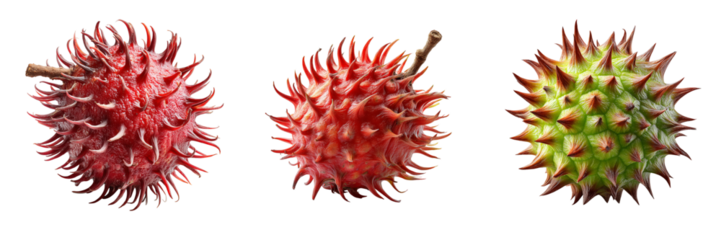 Three spiky fruit specimens in red and green colors, isolated on transparent background