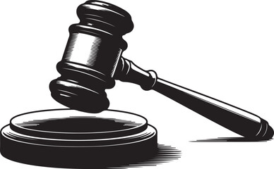 judge's gavel and sound block silhouette, black and white legal symbol of justice, law, and courtroom authority
