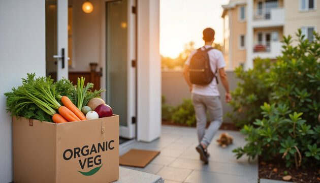 Man walking away from home with organic vegetable box at sunset - Powered by Adobe