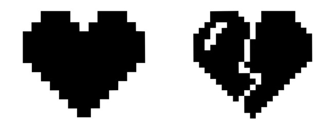 Obraz premium Pixel art of black heart and broken heart, heartbreak in retro 8-bit style, video games