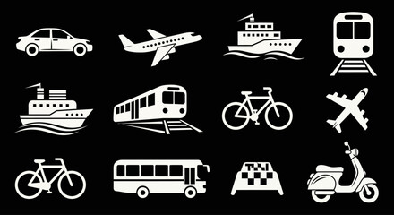 Collection of various transportation icons, including cars, planes, and boats.