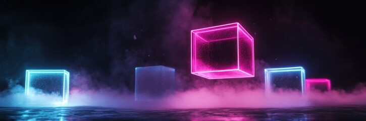 Abstract Neon Geometric Shapes Glowing in Fog on Dark Background