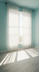 Sunlight streams through sheer white curtains in a light blue room.