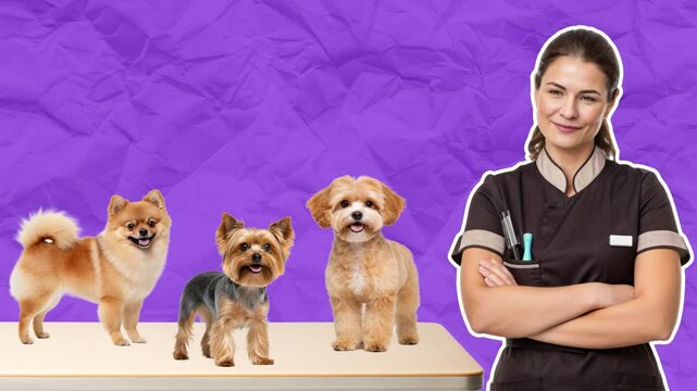 A satisfied female groomer is touched by her beautiful four-legged clients. Grooming salon concept. Empty space for text. Stop motion animation on violet paper background