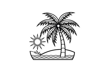 Obraz premium Tropical Island with Palm Tree and Sun Silhouette