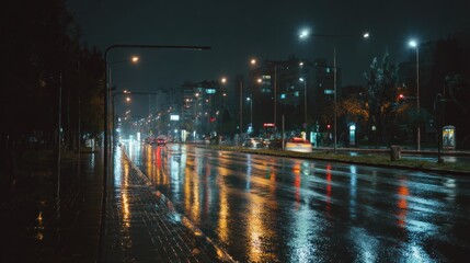Rainy night city street wet asphalt reflecting lights cars driving