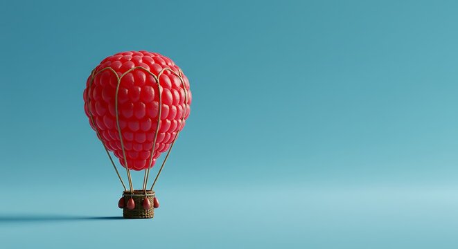 A whimsical and surreal 3D illustration featuring a hot air balloon creatively imagined as a giant, ripe raspberry.