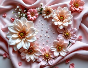 this is a delicate arrangement featuring artificial flowers on a base, all nestled on draped fabric