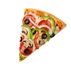 Delicious pizza slice showcases pepperoni, mushrooms, olives, onions and bell peppers against a contrasting dark background, creating an appetizing composition.