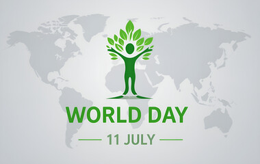 World day illustration with tree figure and world map background for july eleventh celebration event
