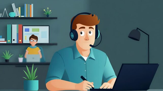 Flat Male Student Engaged in Online Learning: Attending Webinar, Taking Notes, and Participating in Virtual Class with Headphones - Vector Illustration