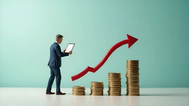 Flat Businessman Illustrating Cost Saving Strategies with Decreasing Coins and Down Arrow for Effective Cost Management in a Simple Vector Style