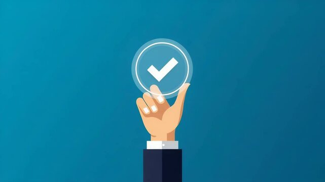 Flat Hand Holding Holographic Checkmark with Quality Assurance Certification Symbols on Blue Background - Concept of Standard Compliance and Guarantee in Simple Vector Illustration