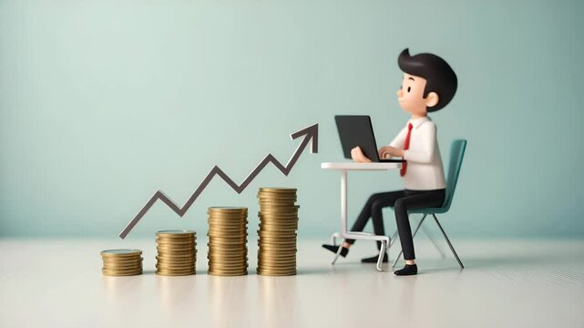 Flat Businessman Illustrating Cost Management: Decreasing Coins and Down Arrow Symbolizing Company Cost Savings in a Cute Vector Style - Full Body on White Background