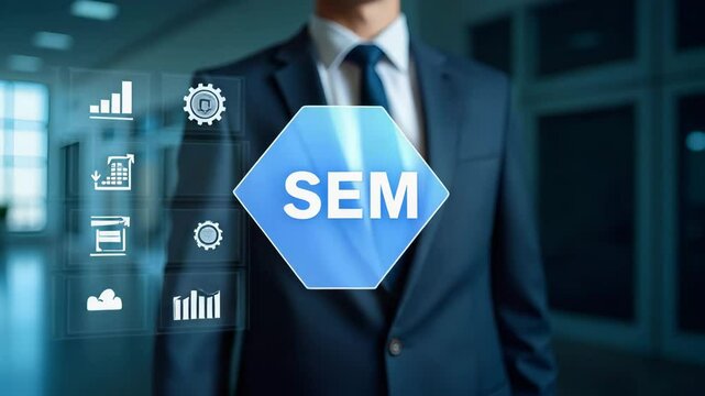 Flat Businessman Illustrating SEM Icons on Digital Interface: SEO Strategies & Online Advertising Rankings in a Cute Vector Style - Full Body, Isolated on White Background