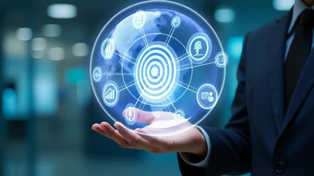 Hand reviewing holographic business audit device showing compliance target data analysis icons in empty space concept as Hand reviews holographic business audit device displaying compliance target dat