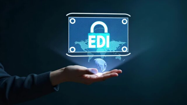 Flat Hand Engaging Holographic EDI Device: Showcasing Global Data Transfer & Digital Security Icons in a Simple, Cute Vector Illustration - Smart Business Concept