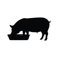Silhouette of a pig feeding from a trough, isolated on white background