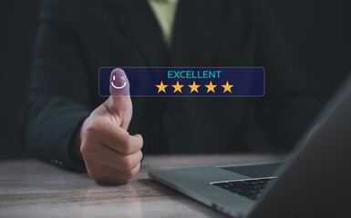 Businessperson giving a thumbs-up with excellent five-star rating and happy emoji icon, symbolizing...